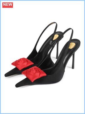 Pointed Toe Slingback Stiletto High Heel Pumps 3D Rose Flower Dress Heels